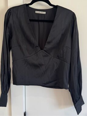 Abercrombie & Fitch Black Satin Deep V Blouse with Long Sleeves